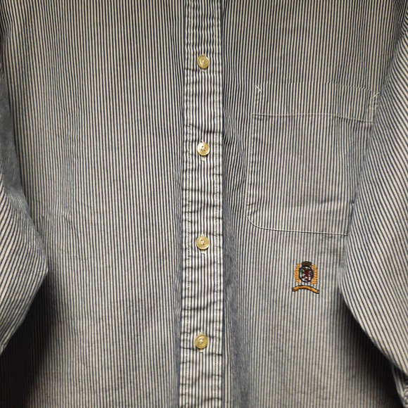 VTG TOMMY HILFIGER MEN'S 16-32 COTTON BUTTON DOWN BLUE STRIPE LONG SLEEVE SHIRT - Picture 2 of 8